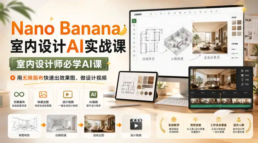 Nano Banana室内设计AI实战课，室内设计师必学AI课，用无限画布快速出效果图、做设计视频-亿起创业网-副业兼职月入过万-自媒体、引流推广、网赚项目、短视频、技术教程等创业项目资源