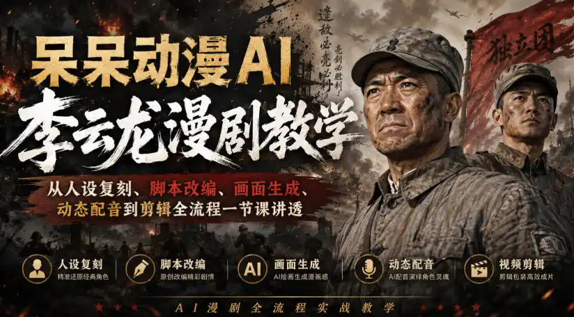 呆呆动漫AI李云龙漫剧教学，从人设复刻、脚本改编、画面生成、动态配音到剪辑全流程一节课讲透-亿起创业网-副业兼职月入过万-自媒体、引流推广、网赚项目、短视频、技术教程等创业项目资源