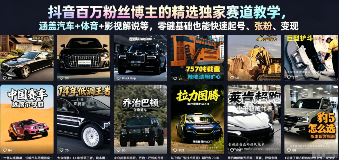 抖音百万粉丝博主的精选独家赛道教学，涵盖汽车+体育+影视解说等，零基础也能快速起号、涨粉、变现(更新0701)-亿起创业网-副业兼职月入过万-自媒体、引流推广、网赚项目、短视频、技术教程等创业项目资源
