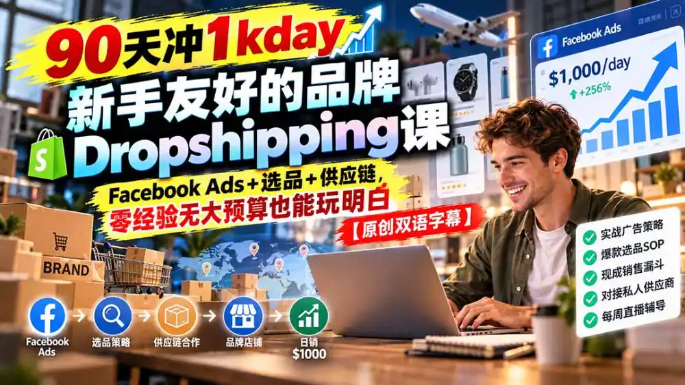 90天冲1kday 新手友好的品牌Dropshipping课：Facebook Ads+选品+供应链，零经验无大预算也能玩明白【原创双语字幕】-亿起创业网-副业兼职月入过万-自媒体、引流推广、网赚项目、短视频、技术教程等创业项目资源