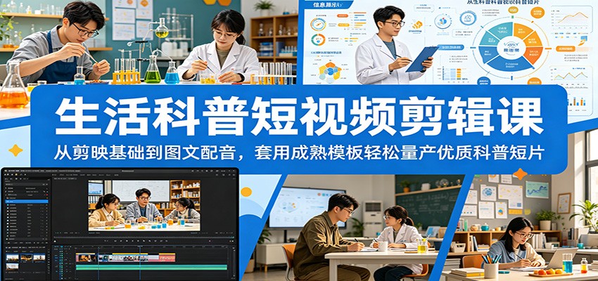 生活科普短视频剪辑课：从剪映基础到图文配音，套用成熟模板轻松量产优质科普短片-亿起创业网-副业兼职月入过万-自媒体、引流推广、网赚项目、短视频、技术教程等创业项目资源