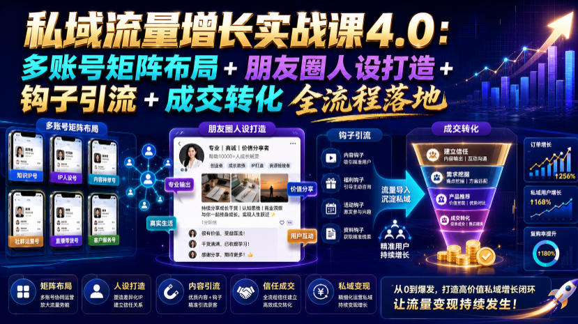 私域流量增长实战课4.0：多账号矩阵布局+朋友圈人设打造+钩子引流+成交转化全流程落地-亿起创业网-副业兼职月入过万-自媒体、引流推广、网赚项目、短视频、技术教程等创业项目资源