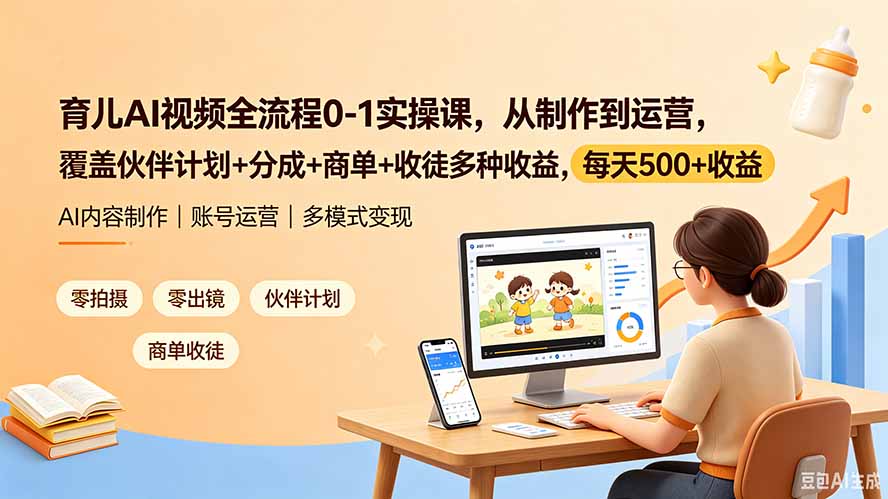 育儿AI视频全流程0-1实操课，从制作到运营，覆盖伙伴计划+分成+商单+收徒多种收益，每天500+收益-亿起创业网-副业兼职月入过万-自媒体、引流推广、网赚项目、短视频、技术教程等创业项目资源