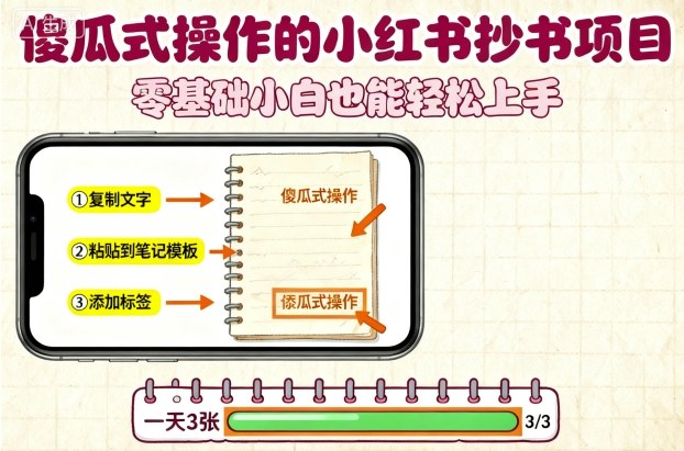 傻瓜式操作的小红书抄书项目，会复制粘贴就行，零基础小白也能一天3张-亿佰盟网
