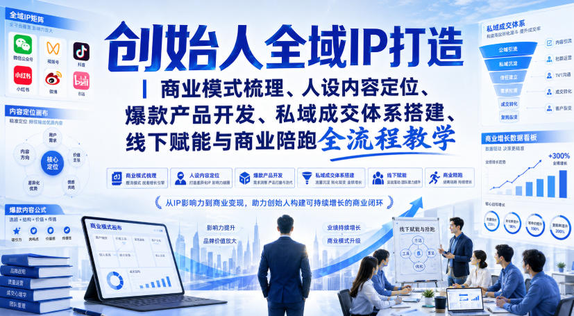 创始人全域IP打造｜商业模式梳理、人设内容定位、爆款产品开发、私域成交体系搭建、线下赋能与商业陪跑全流程教学-亿起创业网-副业兼职月入过万-自媒体、引流推广、网赚项目、短视频、技术教程等创业项目资源
