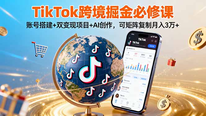 TikTo跨境掘金必修课,账号搭建+双变现项目+AI创作,可矩阵复制月入3万+-亿佰盟网
