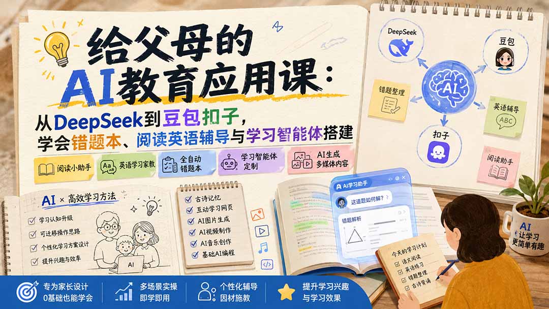 给父母的AI教育应用课：从DeepSeek到豆包扣子，学会错题本、阅读英语辅导与学习智能体搭建-亿起创业网-副业兼职月入过万-自媒体、引流推广、网赚项目、短视频、技术教程等创业项目资源