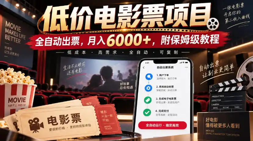 低价电影票项目,全自动出票,月入6000+,附保姆级教程【揭秘】 低价电影票项目,全自动出票,月入6000+,附保姆级教程【揭秘】