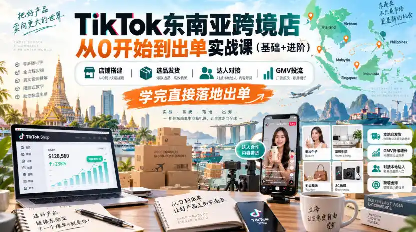 TikTok东南亚跨境店从0开始到出单实战课(基础+进阶)，店铺搭建、选品发货、达人对接、GMV投流，学完直接落地出单-亿起创业网-副业兼职月入过万-自媒体、引流推广、网赚项目、短视频、技术教程等创业项目资源