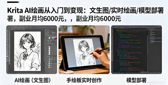 Krita AI绘画从入门到变现：文生图/实时绘画/模型部署，副业月均6000元-亿佰盟网