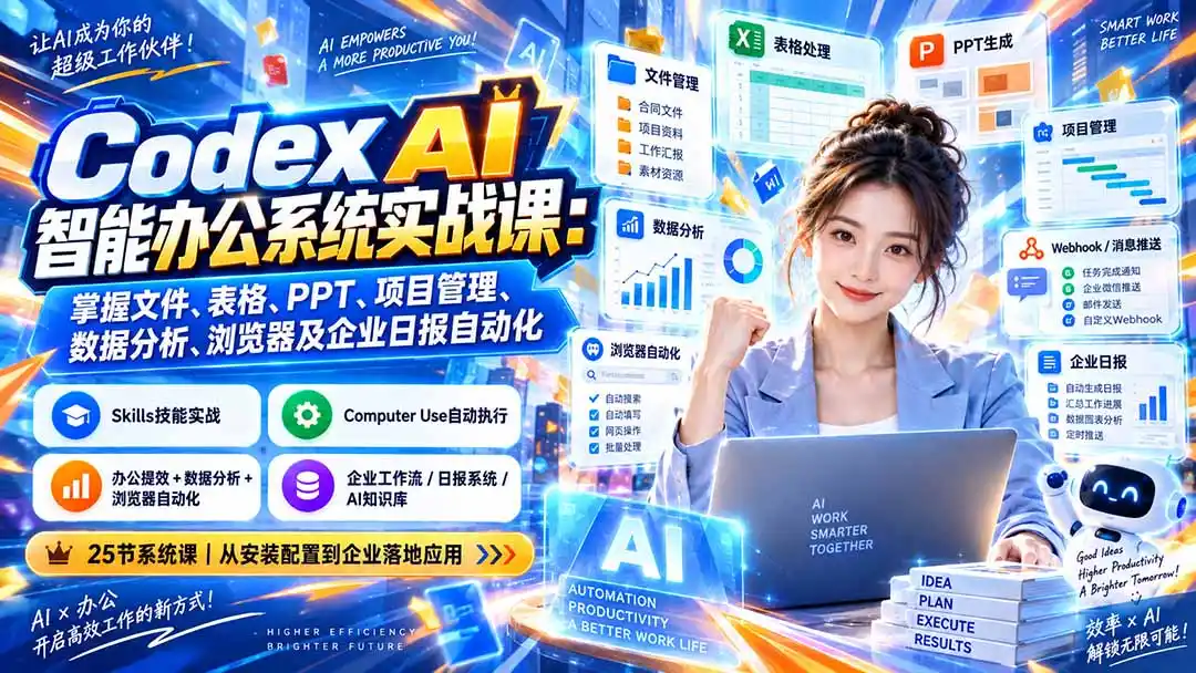 Codex AI智能办公系统实战课:掌握文件、表格、PPT、项目管理、数据分析、浏览器及企业日报自动化 Codex AI智能办公系统实战课:掌握文件、表格、PPT、项目管理、数据分析、浏览器及企业日报自动化