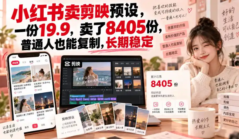 小红书卖剪映预设，一份19.9，卖了8405份，普通人也能复制，长期稳定-亿起创业网-副业兼职月入过万-自媒体、引流推广、网赚项目、短视频、技术教程等创业项目资源