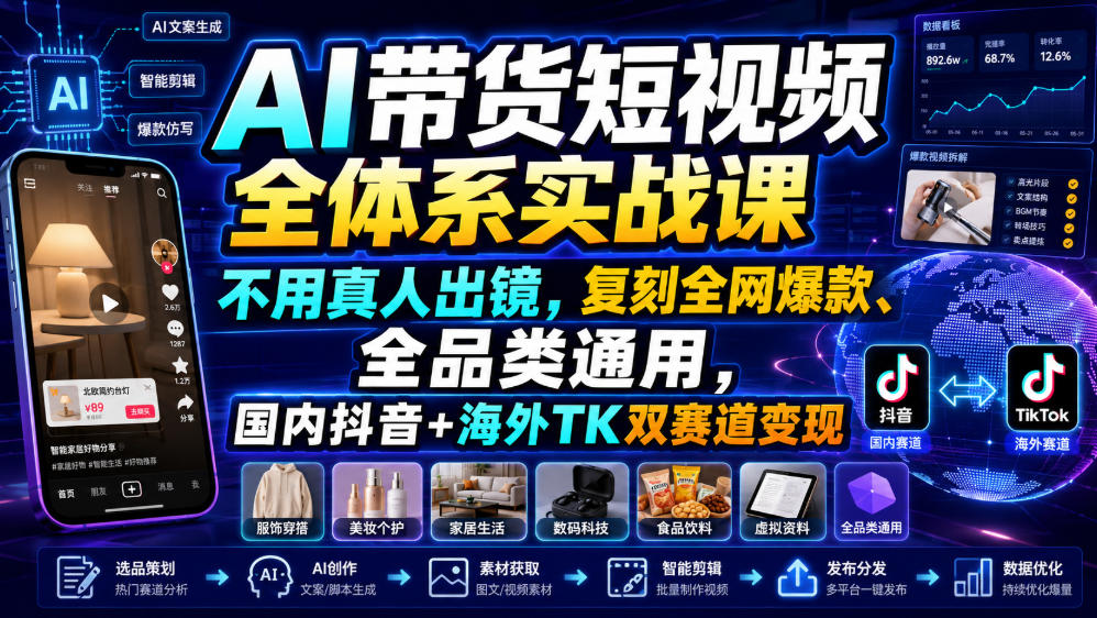 AI带货短视频全体系实战课，不用真人出镜，复刻全网爆款、全品类通用，国内抖音+海外TK双赛道变现-亿起创业网-副业兼职月入过万-自媒体、引流推广、网赚项目、短视频、技术教程等创业项目资源