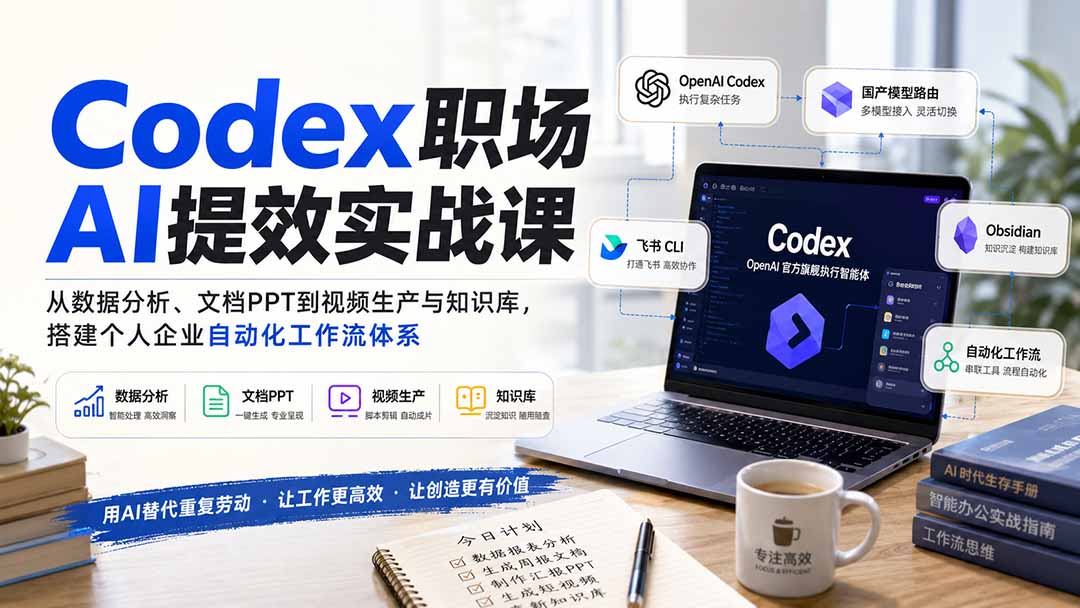 Codex职场AI提效实战课：从数据分析、文档PPT到视频生产与知识库，搭建个人企业自动化工作流体系-亿起创业网-副业兼职月入过万-自媒体、引流推广、网赚项目、短视频、技术教程等创业项目资源