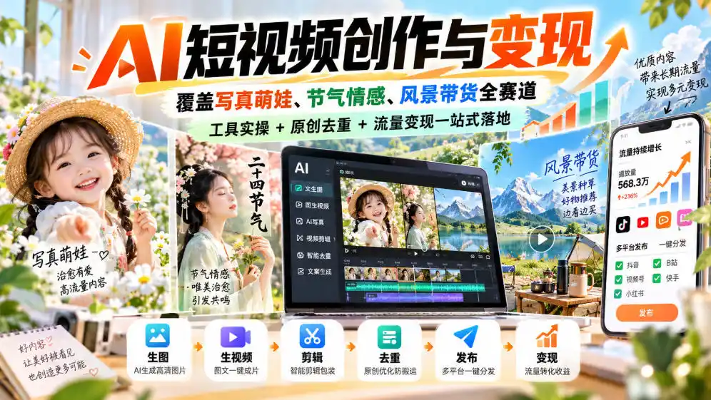AI短视频创作与变现，覆盖写真萌娃、节气情感、风景带货全赛道，工具实操+原创去重+流量变现一站式落地-亿起创业网-副业兼职月入过万-自媒体、引流推广、网赚项目、短视频、技术教程等创业项目资源
