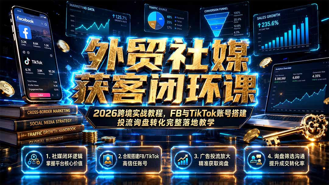 外贸社媒获客闭环课｜2026跨境实战教程，FB与TikTok账号搭建投流询盘转化完整落地教学-亿起创业网-副业兼职月入过万-自媒体、引流推广、网赚项目、短视频、技术教程等创业项目资源
