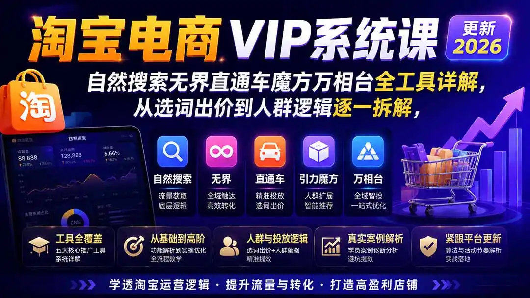 淘宝电商VIP系统课-更新8月；自然搜索无界直通车魔方万相台全工具详解，从选词出价到人群逻辑逐一拆解-亿起创业网-副业兼职月入过万-自媒体、引流推广、网赚项目、短视频、技术教程等创业项目资源