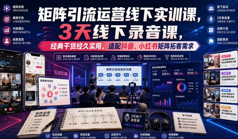 嗨推矩阵引流运营线下实训课，3天线下录音课，经典干货经久实用，适配抖音、小红书矩阵拓客需求-亿起创业网-副业兼职月入过万-自媒体、引流推广、网赚项目、短视频、技术教程等创业项目资源