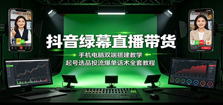 抖音绿幕直播带货：手机电脑双端搭建教学，起号选品投流爆单话术全套教程-亿起创业网-副业兼职月入过万-自媒体、引流推广、网赚项目、短视频、技术教程等创业项目资源
