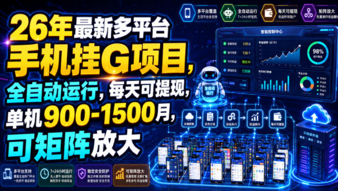 26年最新多平台手机挂G项目，全自动运行，每天可提现，单机900-1500月，可矩阵放大【揭秘】-亿起创业网-副业兼职月入过万-自媒体、引流推广、网赚项目、短视频、技术教程等创业项目资源