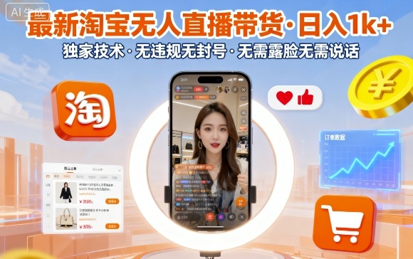 最新淘宝无人直播带货，日入1k+，独家技术，无违规无封号，无需露脸无需说话【揭秘】-亿佰盟网