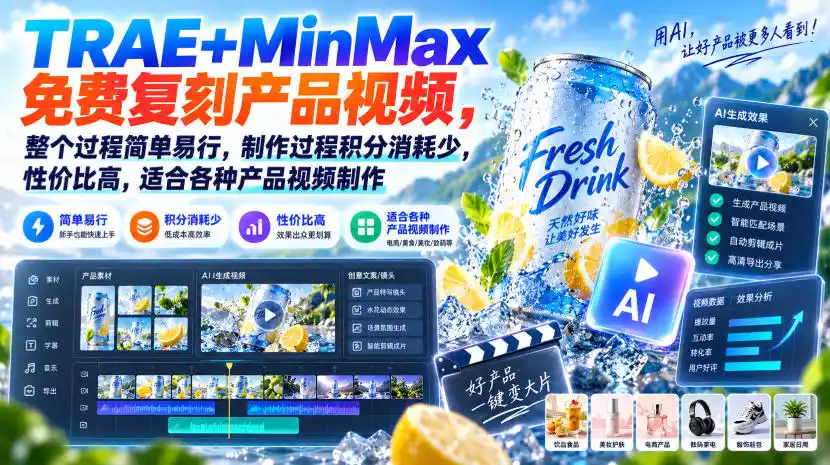 TRAE+MinMax免费复刻产品视频，整个过程简单易行，制作过程积分消耗少，性价比高，适合各种产品视频制作-亿起创业网-副业兼职月入过万-自媒体、引流推广、网赚项目、短视频、技术教程等创业项目资源