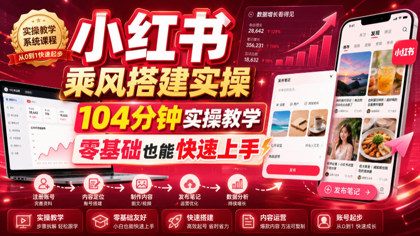 小红书乘风搭建实操，104分钟实操教学，零基础也能快速上手-亿起创业网-副业兼职月入过万-自媒体、引流推广、网赚项目、短视频、技术教程等创业项目资源