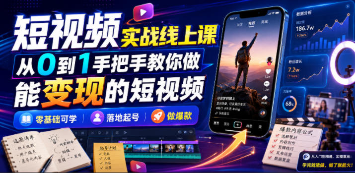 短视频实战线上课，从0到1手把手教你做能变现的短视频，零基础可学，落地起号做爆款-亿起创业网-副业兼职月入过万-自媒体、引流推广、网赚项目、短视频、技术教程等创业项目资源
