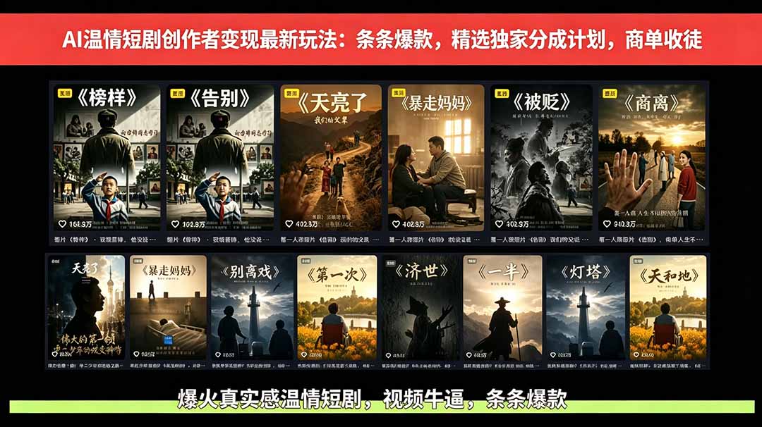 AI温情短剧创作者变现最新玩法：视频牛逼，条条爆款，精选独家分成计划，商单收徒-亿起创业网-副业兼职月入过万-自媒体、引流推广、网赚项目、短视频、技术教程等创业项目资源