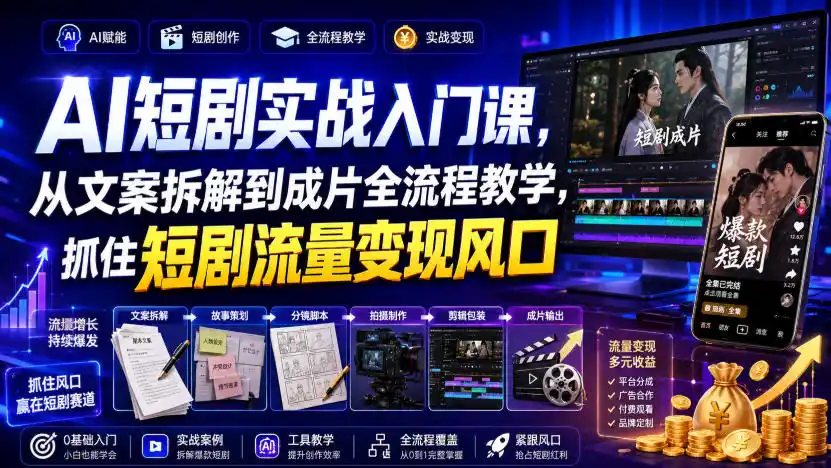 AI短剧实战入门课，从文案拆解到成片全流程教学，抓住短剧流量变现风口-亿起创业网-副业兼职月入过万-自媒体、引流推广、网赚项目、短视频、技术教程等创业项目资源