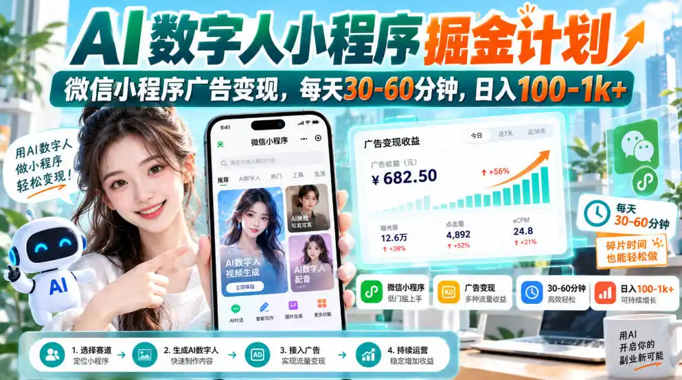 【无水印】AI数字人小程序掘金计划，微信小程序广告变现，每天30‑60分钟，日入100‑1k+-亿起创业网-副业兼职月入过万-自媒体、引流推广、网赚项目、短视频、技术教程等创业项目资源