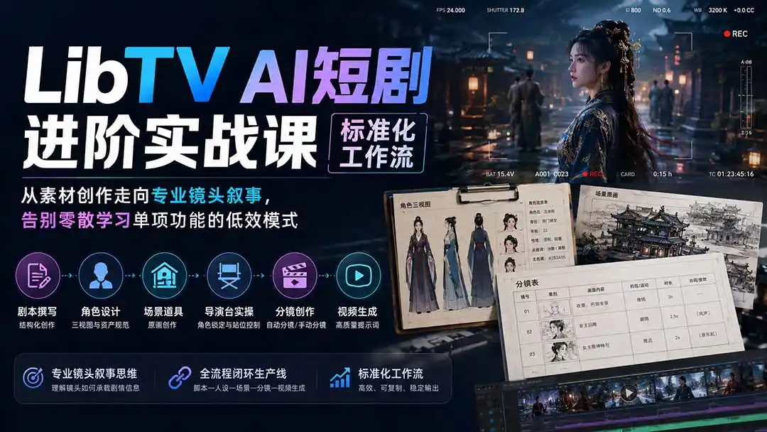 LibTV AI短剧进阶实操课标准化工作流；从素材创作走向专业镜头叙事，告别零散学习单项功能的低效模式-亿起创业网-副业兼职月入过万-自媒体、引流推广、网赚项目、短视频、技术教程等创业项目资源