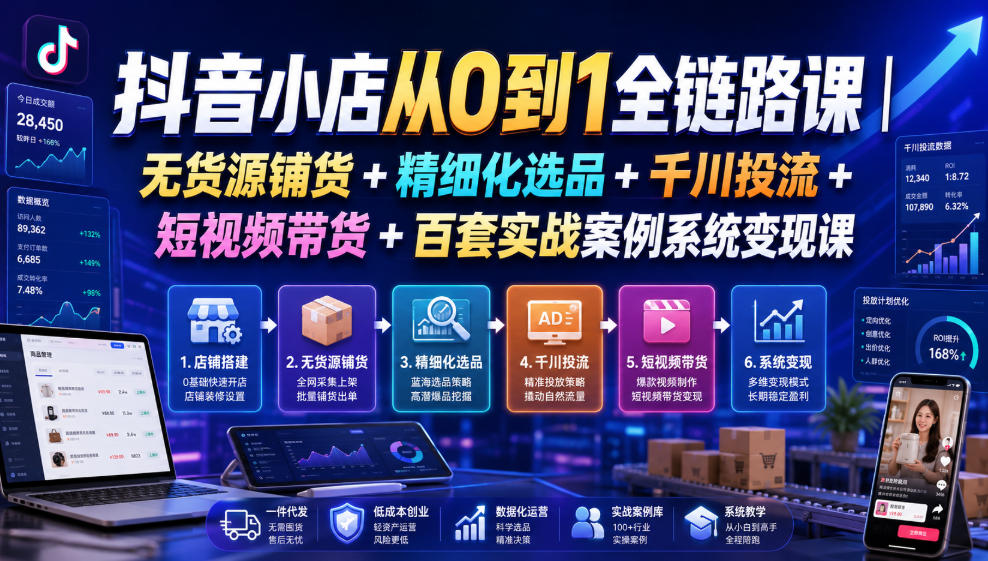 抖音小店从0到1全链路课｜无货源铺货+精细化选品+千川投流+短视频带货+百套实战案例系统变现课(2026年7月更新)-亿起创业网-副业兼职月入过万-自媒体、引流推广、网赚项目、短视频、技术教程等创业项目资源
