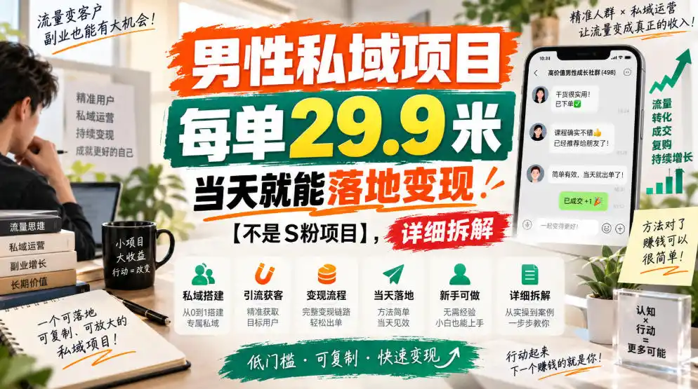 男性私域项目，每单29.9米，当天就能落地变现【不是S粉项目】，详细拆解-亿起创业网-副业兼职月入过万-自媒体、引流推广、网赚项目、短视频、技术教程等创业项目资源