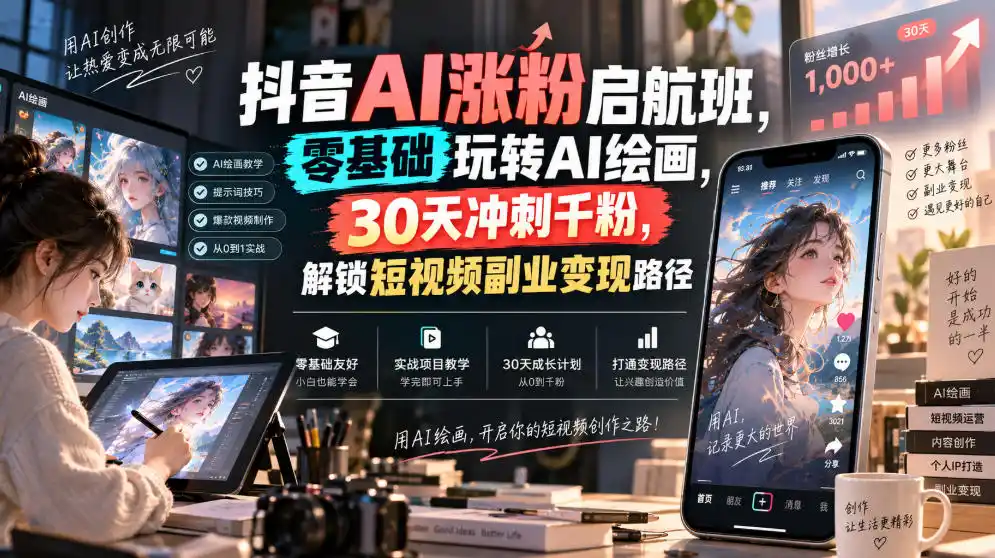 抖音AI涨粉启航班，零基础玩转AI绘画，30天冲刺千粉，解锁短视频副业变现路径-亿起创业网-副业兼职月入过万-自媒体、引流推广、网赚项目、短视频、技术教程等创业项目资源