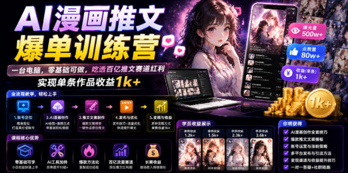 AI漫画推文爆单训练营，一台电脑，零基础可做，吃透百亿推文赛道红利，实现单条作品收益1k+-亿起创业网-副业兼职月入过万-自媒体、引流推广、网赚项目、短视频、技术教程等创业项目资源