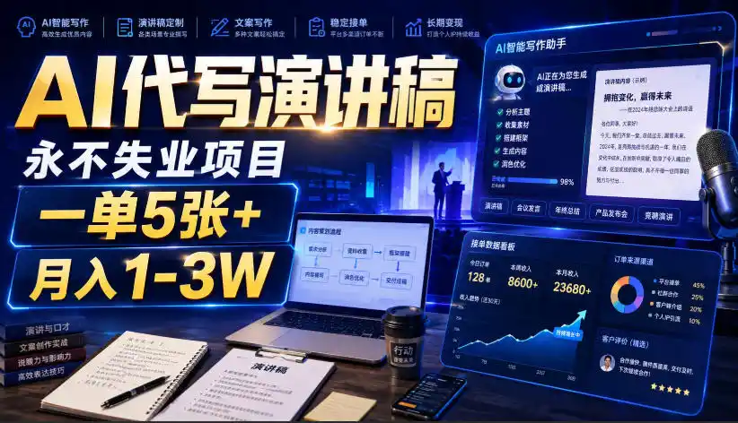 AI代写演讲稿，永不失业项目，一单5张+，月入1-3W【揭秘】-亿起创业网-副业兼职月入过万-自媒体、引流推广、网赚项目、短视频、技术教程等创业项目资源