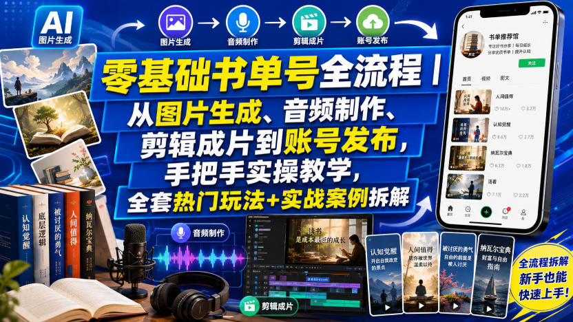 零基础书单号全流程｜从图片生成、音频制作、剪辑成片到账号发布，手把手实操教学，全套热门玩法+实战案例拆解-亿起创业网-副业兼职月入过万-自媒体、引流推广、网赚项目、短视频、技术教程等创业项目资源