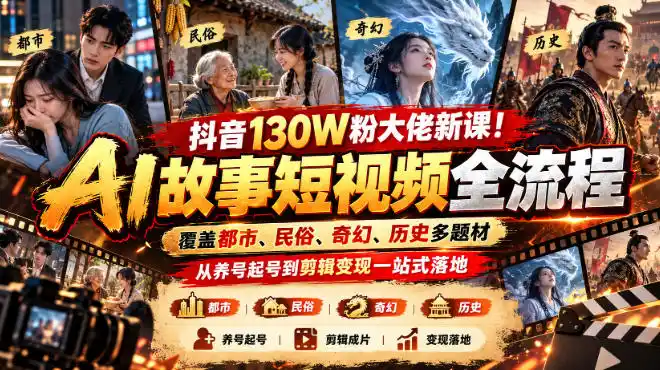 抖音130W粉大佬新课！AI故事短视频全流程，覆盖都市、民俗、奇幻、历史多题材，从养号起号到剪辑变现一站式落地-亿起创业网-副业兼职月入过万-自媒体、引流推广、网赚项目、短视频、技术教程等创业项目资源