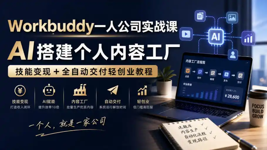 Workbuddy一人公司实战课，AI搭建个人内容工厂，技能变现+全自动交付轻创业教程-亿起创业网-副业兼职月入过万-自媒体、引流推广、网赚项目、短视频、技术教程等创业项目资源