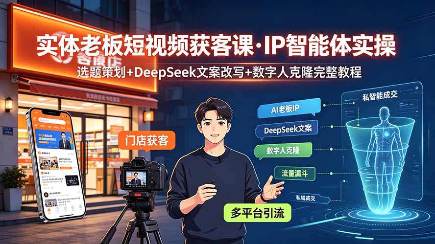 实体老板短视频获客课·IP智能体实操｜选题策划+DeepSeek文案改写+数字人克隆完整教程-亿起创业网-副业兼职月入过万-自媒体、引流推广、网赚项目、短视频、技术教程等创业项目资源