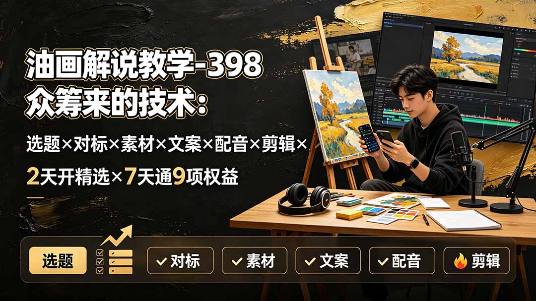 油画解说教学-398众筹来的技术：选题×对标×素材×文案×配音×剪辑×2天开精选×7天通9项权益-亿起创业网-副业兼职月入过万-自媒体、引流推广、网赚项目、短视频、技术教程等创业项目资源