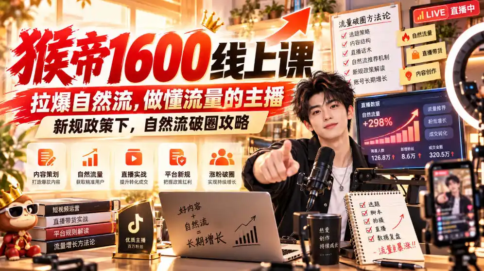 猴帝1600线上课，拉爆自然流，做懂流量的主播，新规政策下，自然流破圈攻略【更新260926】-亿起创业网-副业兼职月入过万-自媒体、引流推广、网赚项目、短视频、技术教程等创业项目资源