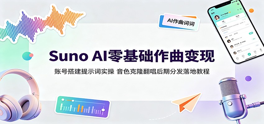 Suno AI零基础作曲变现:账号搭建提示词实操,音色克隆翻唱后期分发落地教程-亿起创业网-副业兼职月入过万-自媒体、引流推广、网赚项目、短视频、技术教程等创业项目资源