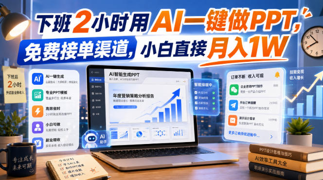 下班2小时用AI一键做PPT，免费接单渠道，小白直接月入1W【揭秘】-亿起创业网-副业兼职月入过万-自媒体、引流推广、网赚项目、短视频、技术教程等创业项目资源