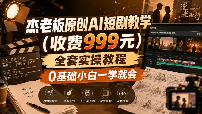 杰老板原创AI短剧教学(收费999元)，全套实操教程，0基础小白一学就会，非搬运技术-亿起创业网-副业兼职月入过万-自媒体、引流推广、网赚项目、短视频、技术教程等创业项目资源