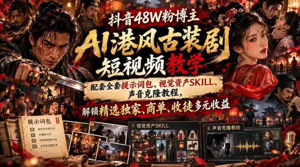 抖音48W粉博主AI港风古装剧短视频教学，配套全套提示词包、视觉资产SKILL、声音克隆教程，解锁精选独家、商单、收徒多元收益-亿起创业网-副业兼职月入过万-自媒体、引流推广、网赚项目、短视频、技术教程等创业项目资源