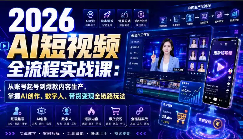 2026 AI短视频全流程实战课：从账号起号到爆款内容生产，掌握AI创作、数字人、带货变现全链路玩法-亿起创业网-副业兼职月入过万-自媒体、引流推广、网赚项目、短视频、技术教程等创业项目资源