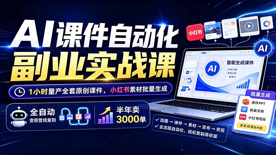 AI课件自动化副业实战课：1小时量产全套原创课件×小红书素材批量生成×全自动变现管线×半年卖3000单-亿起创业网-副业兼职月入过万-自媒体、引流推广、网赚项目、短视频、技术教程等创业项目资源
