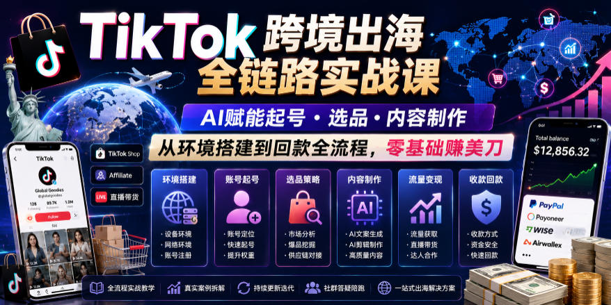 TikTok跨境出海全链路实战课，AI赋能起号・选品・内容制作，从环境搭建到回款全流程，零基础賺美刀-亿起创业网-副业兼职月入过万-自媒体、引流推广、网赚项目、短视频、技术教程等创业项目资源